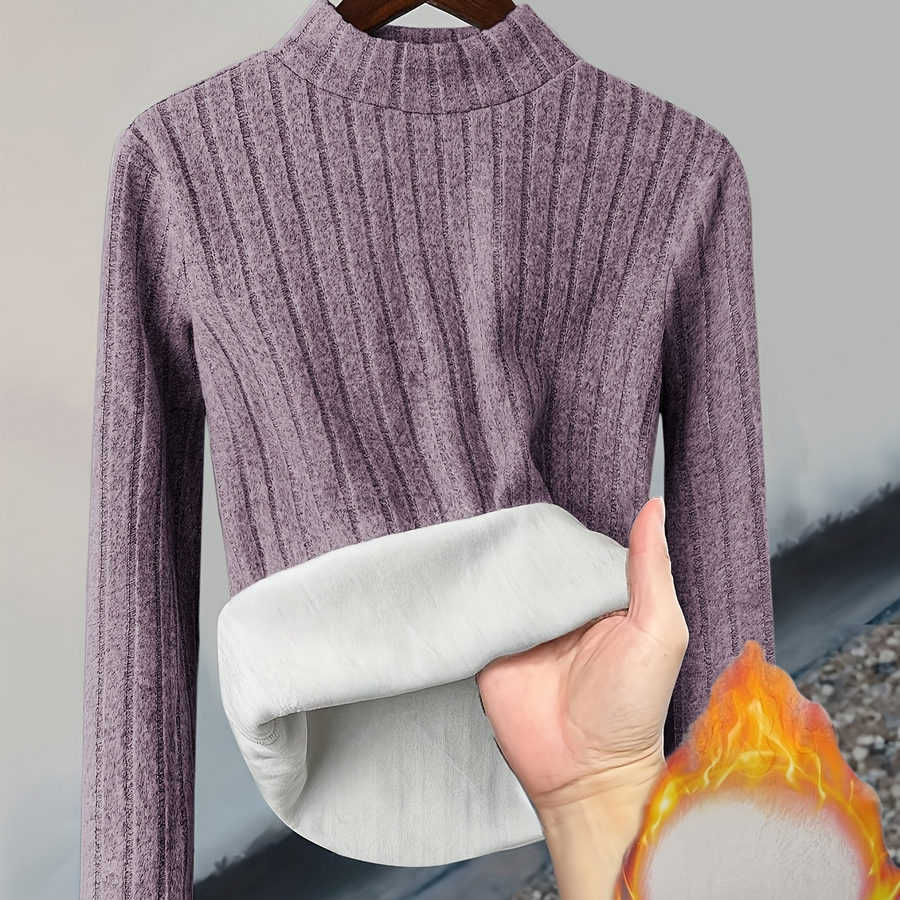 Ribbstickad Damtröja med Foder, Hög Hals & Lång Ärm, Varm