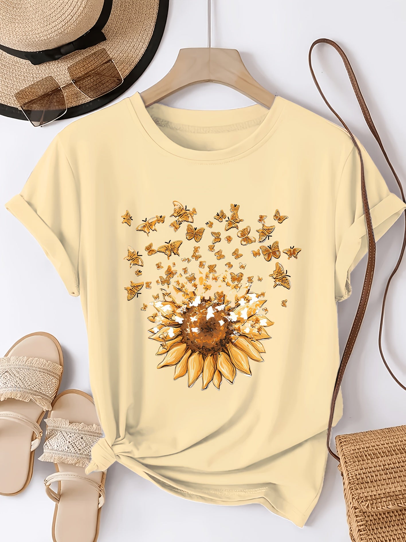 Dam T-shirt med solros och fjärilar, avslappnad stil, vår/sommar