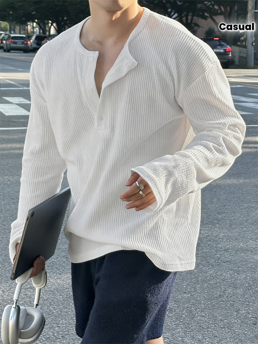Herr långärmad tröja med strukturmönster och knappslå, Henley-modell