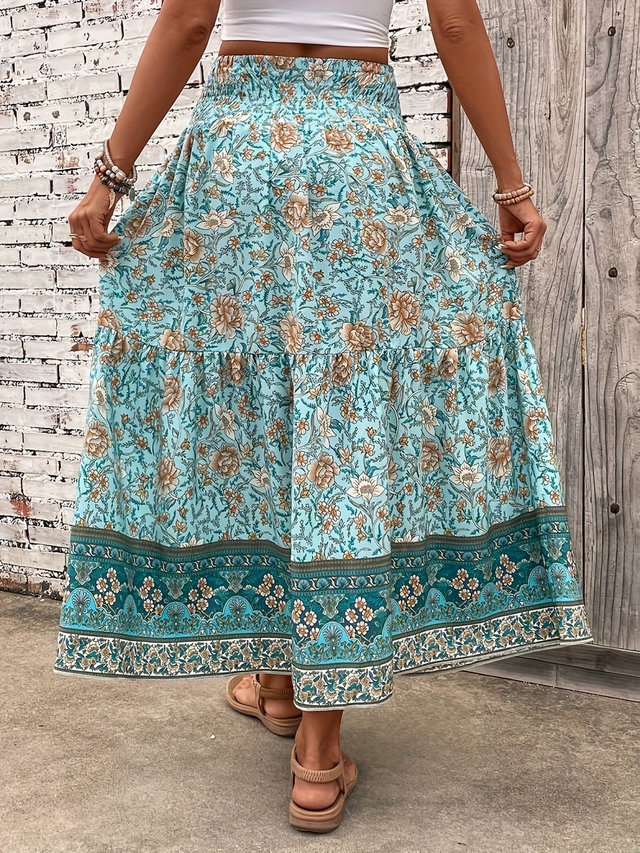 Dam Kjol Boho Lång Blommig Elegant Sommarmode Fickor