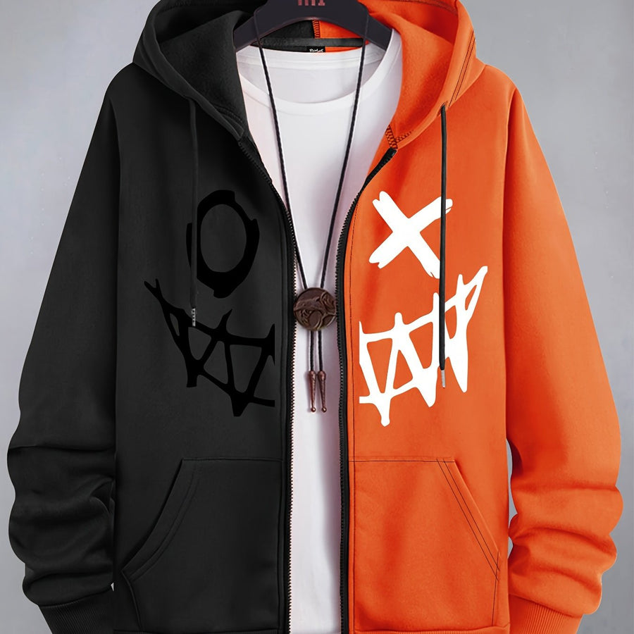 Hoodie med dragkedja och ansiktsmönster i tvåfärgad design