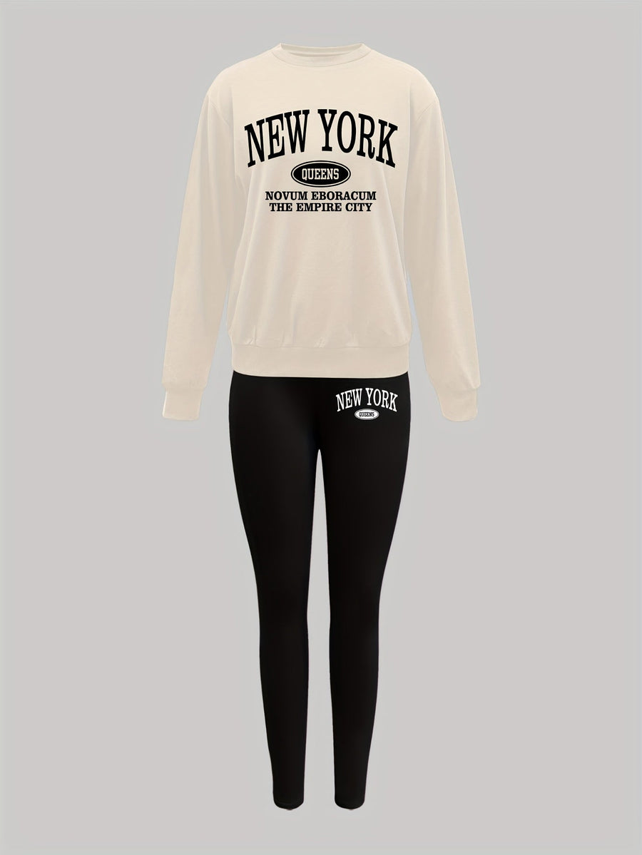 Dam Tröja & Leggings Set med New York-tryck, Rundhals, Långa Ärmar