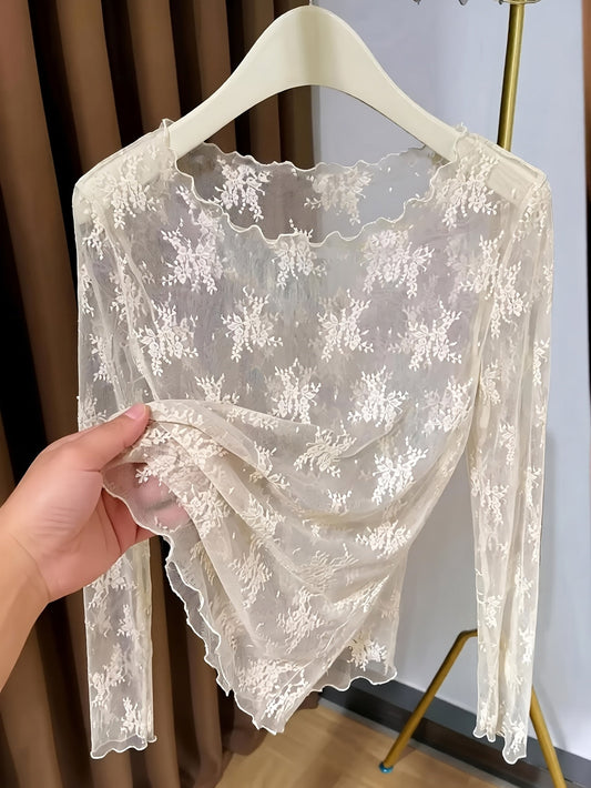 Dam Topp med Lång Ärm och Broderade Blommor – Elegant Transparent Festblus