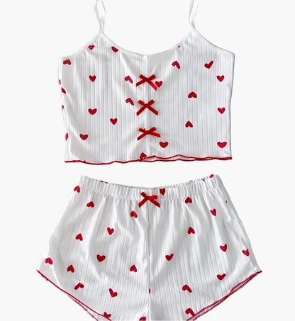Dam Pyjamaset med hjärtmönster och rosett, sommar, tvådelad kort topp och shorts, söt och bekväm nattdräkt