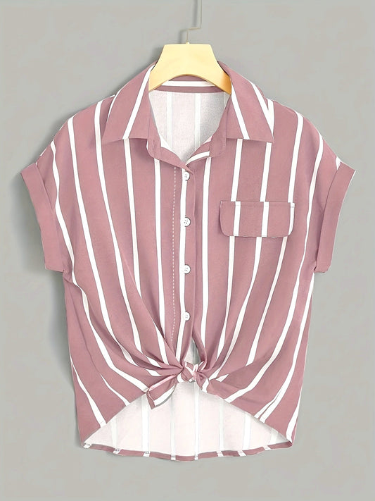 Dam Blus Kortärmad Randig Med Knut Fram Elegant Sommarstil