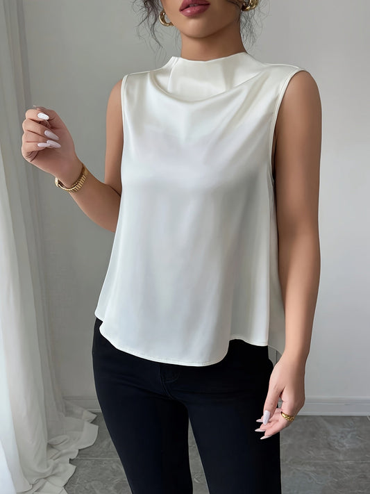 Damblus med hög krage och draperad ärmlös design – elegant för kontor och fest
