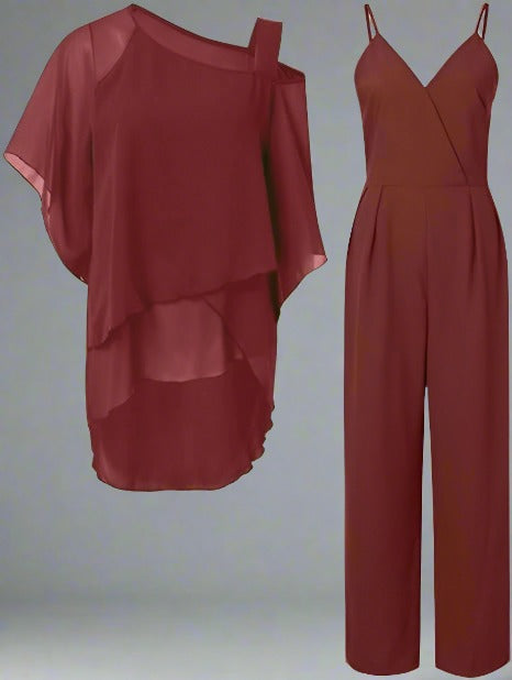 Damernas eleganta tvådelade byxdress med asymmetrisk topp – perfekt för fest, kontor och vardag