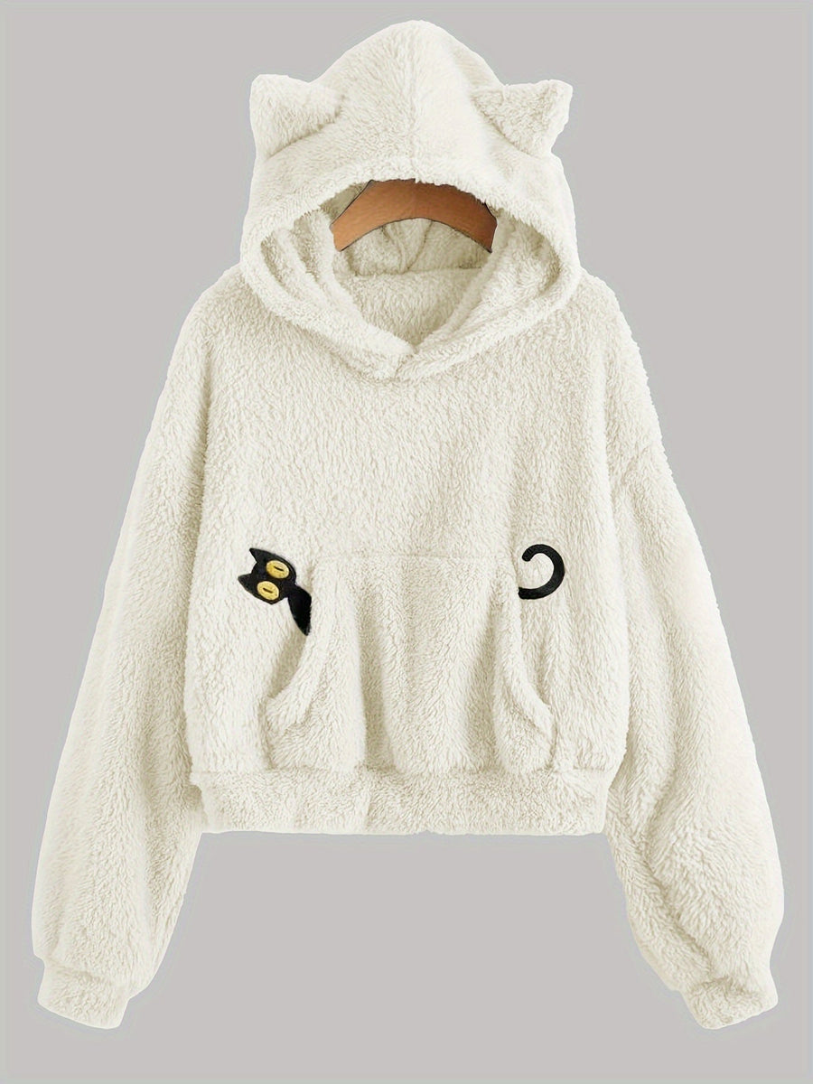 Grå fluffig hoodie med kattöron och kattapplikation, mjuk mysig tröja med huva
