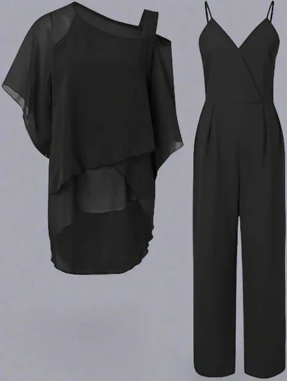 Damernas eleganta tvådelade byxdress med asymmetrisk topp – perfekt för fest, kontor och vardag