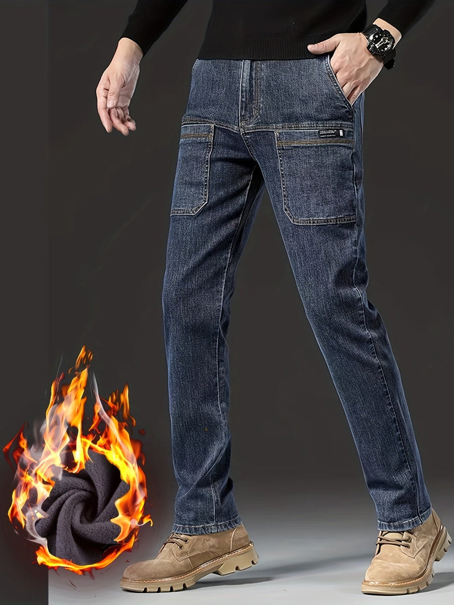 Herrjeans med fleecefoder svarta med raka ben och cargofickor