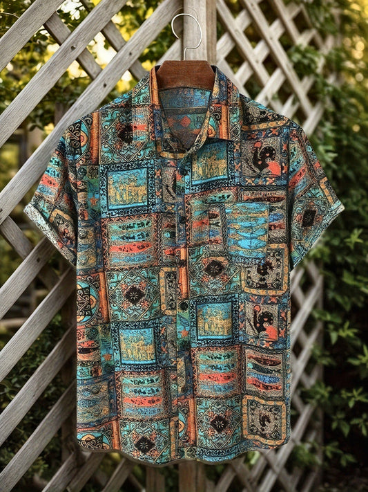 Herrskjorta med kort ärm – Resortskjorta med vintageinspirerat patchworkmönster för sommar och semester