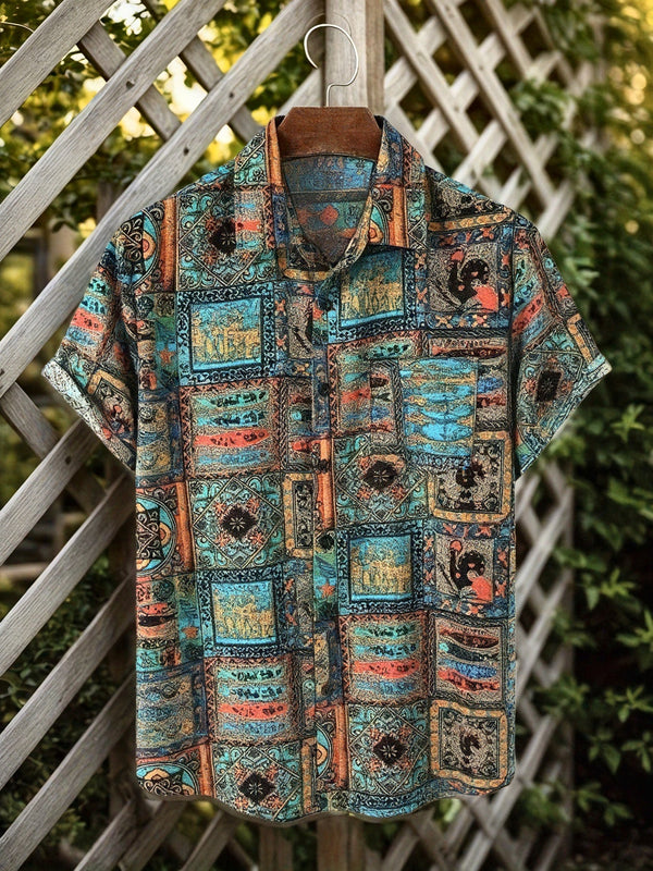 Herrskjorta med kort ärm – Resortskjorta med vintageinspirerat patchworkmönster för sommar och semester