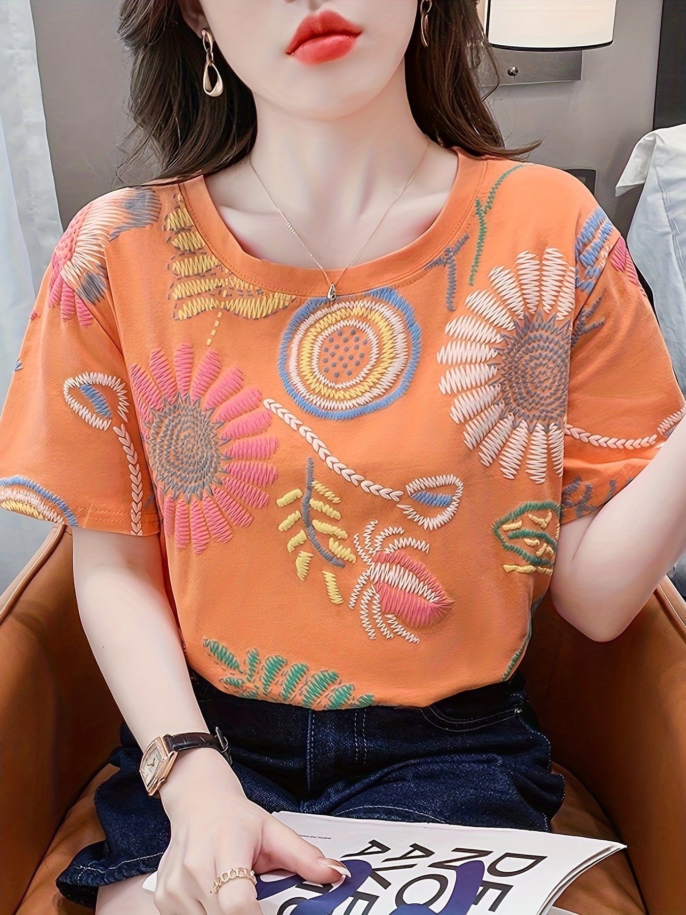 Dam Topp Broderad Boho Stil Ledig Sommarblus Kort Ärmar