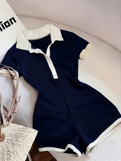 Dam Playsuit Kortärmad Sportig Sommar Romper med Krage och Knappdetalj