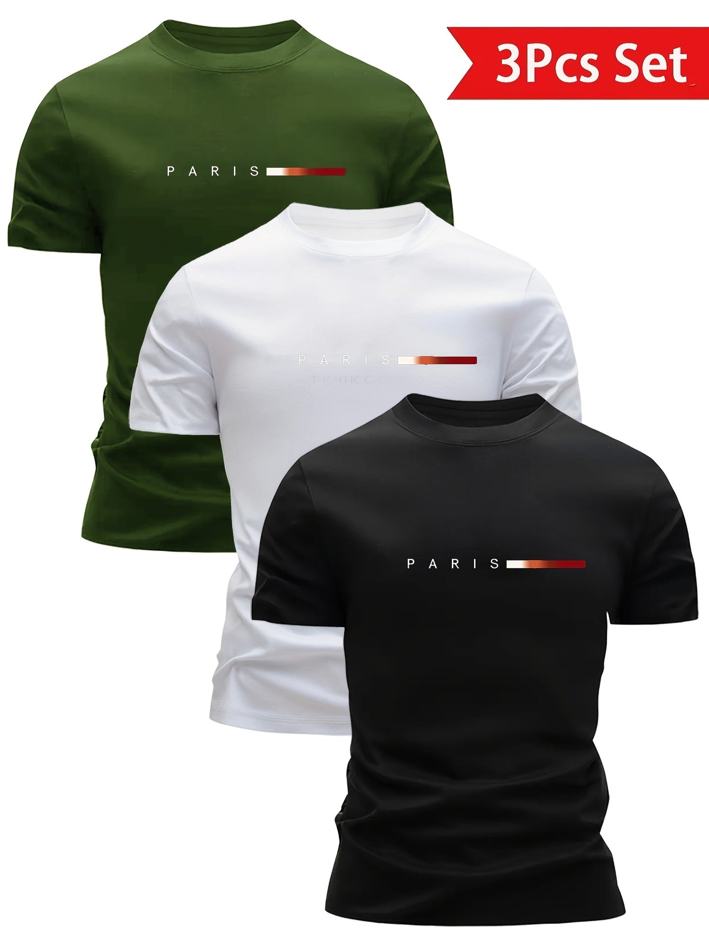 Herr T-shirt 3-pack Set Paris Tryck Sportig och Trendig Stil