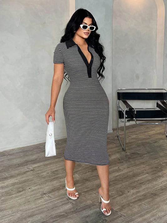 Damklänning – Polo Bodycon Randig Midiklänning för Elegant och Modern Look