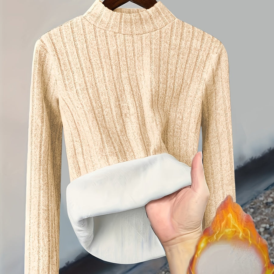 Ribbstickad Damtröja med Foder, Hög Hals & Lång Ärm, Varm
