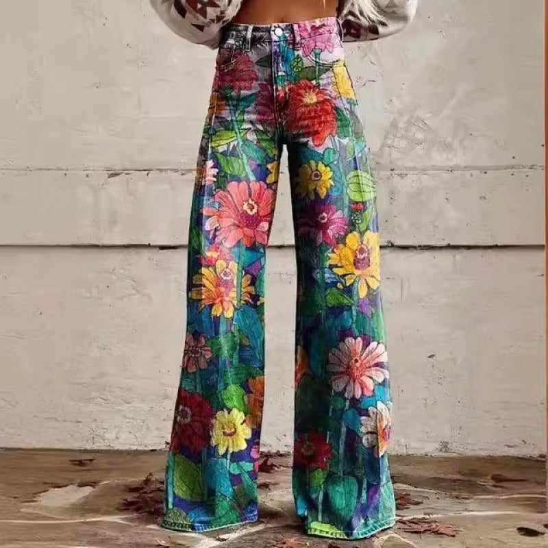 Jennifer – Tryckta Högmidjade Långa Byxor i Premium Vegan Denim
