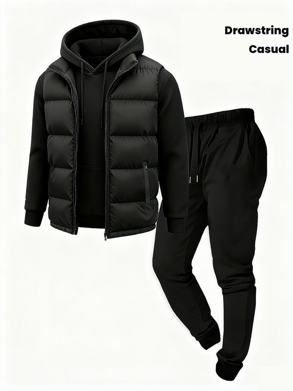 Svart Puffer Västhuvtröja och Byxset, Casual Herrset med dragsko