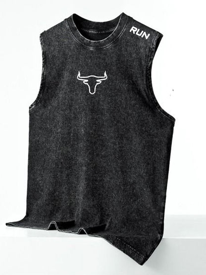 Herr Vintage Ärmellös T-shirt med Tryck och Rippade Shorts – Streetwear för Sommar