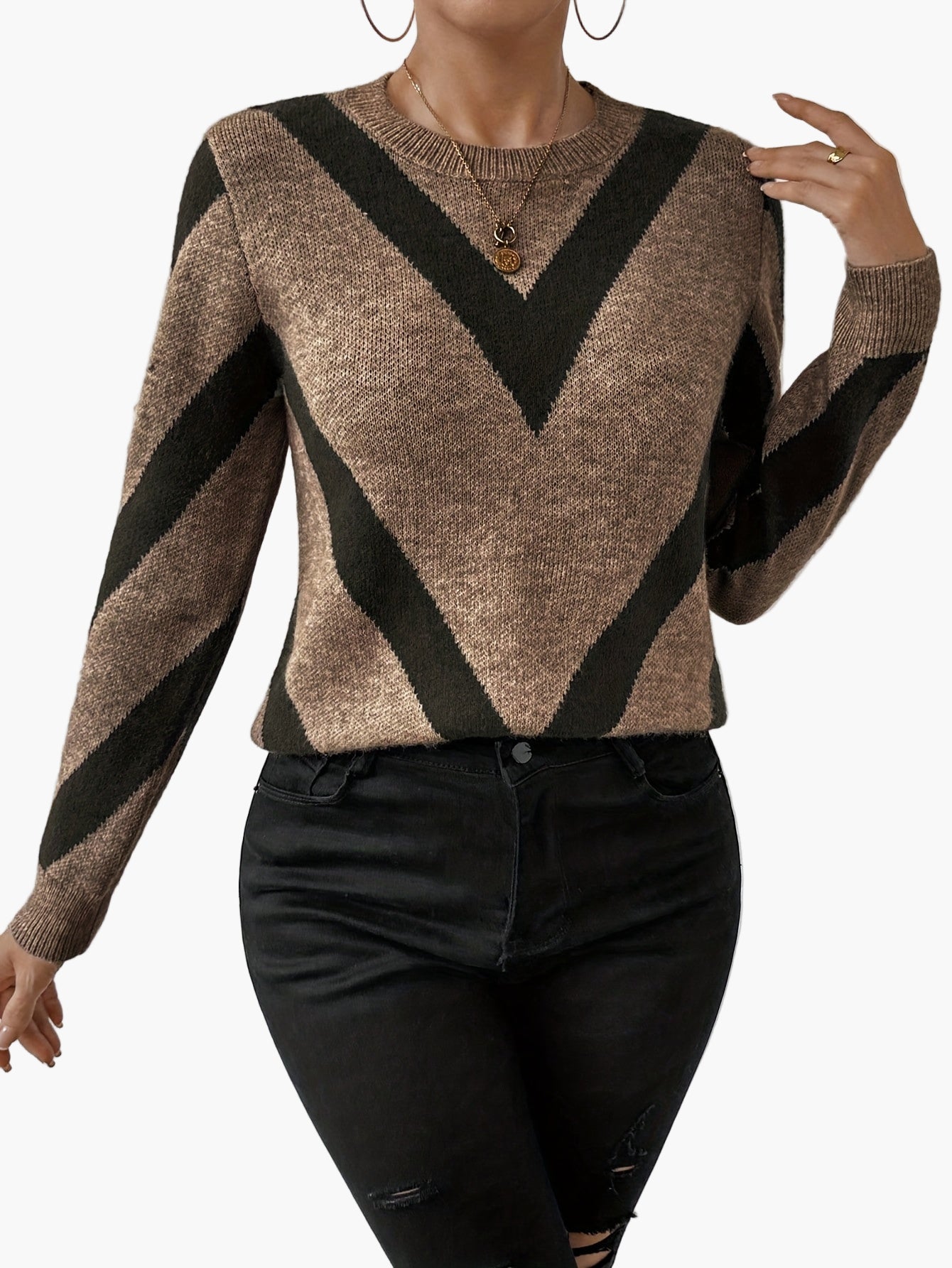 Damtröja med geometriskt mönster, elegant vardagsstil, lång ärm