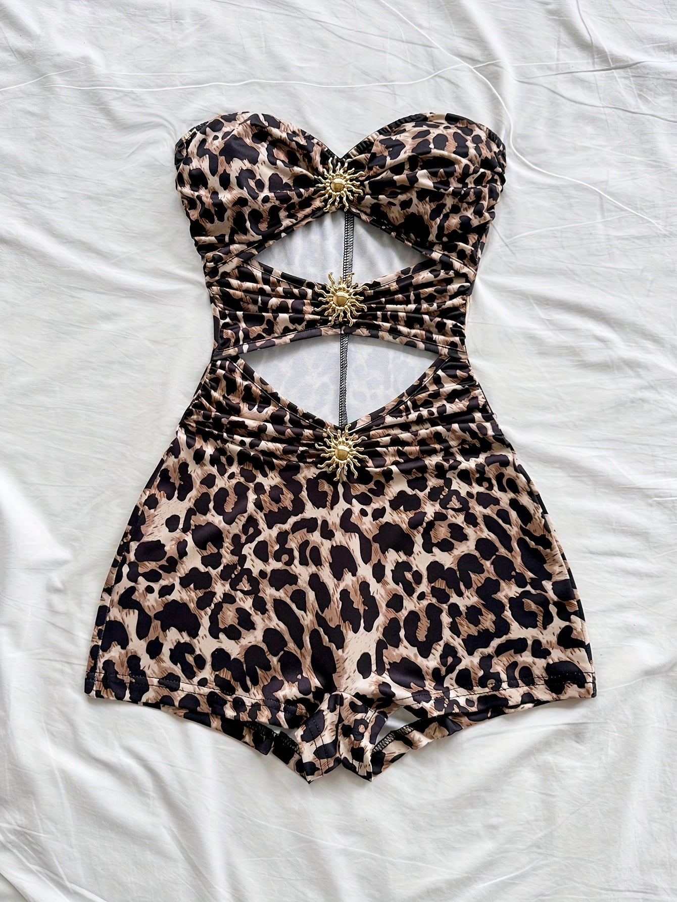 Dam Baddräkt Retro Bandeau Leopardmönstrad med Utskärningar och Dekorativa Spännen – Perfekt för Strand och Pool
