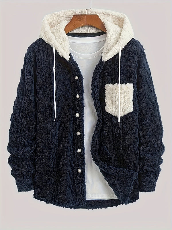 Hoodie i teddyfleece med knappar och ficka, fiskbensmönstrad