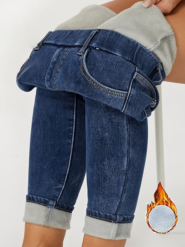 Fodrade Damjeans Skinny Fit – Blå Jeans med Mjukt Foder för Kallare Dagar