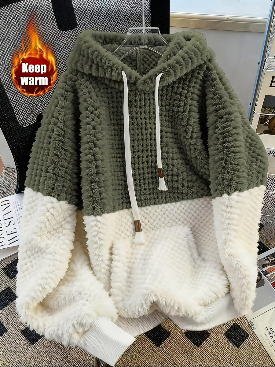 Fuskpäls Hoodietröja i Mjukt Material med Kontrastfärgade Paneler, Unisex