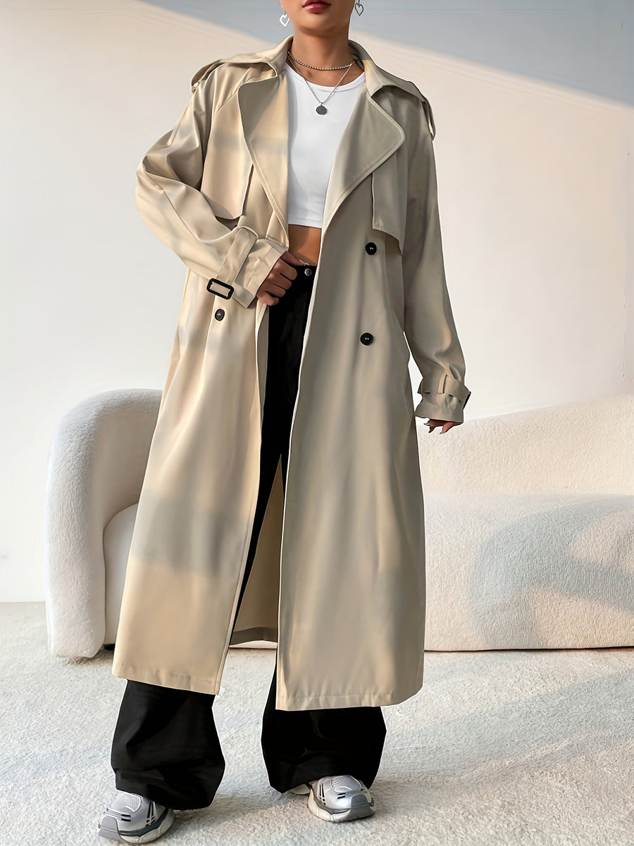 Dam Trenchcoat Lång Beige Dubbelknäppt med Skärpdetalj
