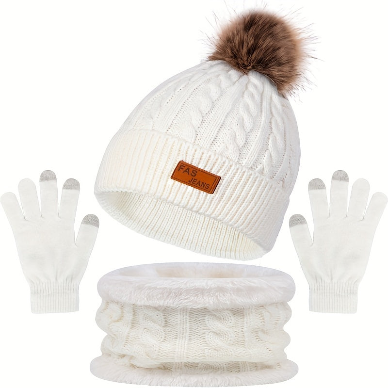 Stickad Mössa Halsduk Vantar Set med Pom-Pom Touchfunktion Vit