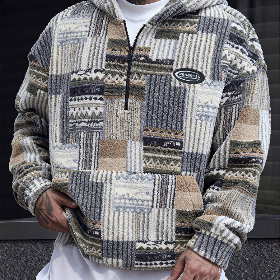 Hoodie med lapptäcksmönster och dragkedja i mjukt material