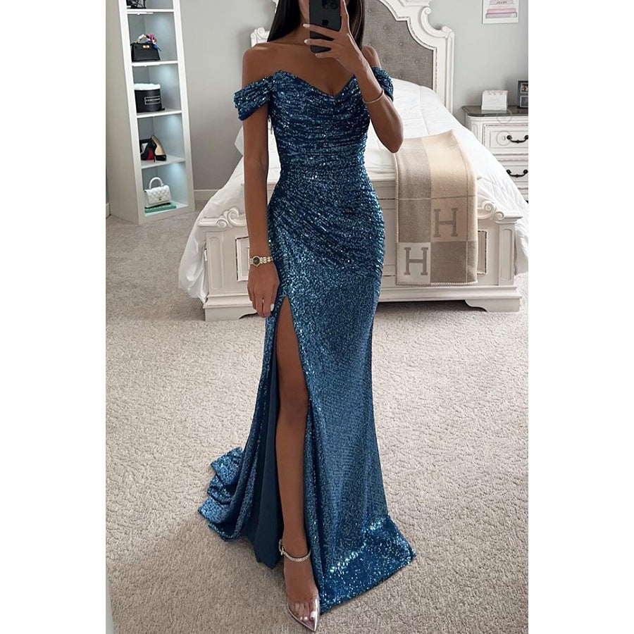 Somrig glittrig festklänning dam – elegant off shoulder långklänning för sommarbröllop och fest