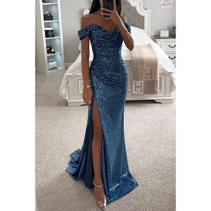 Somrig glittrig festklänning dam – elegant off shoulder långklänning för sommarbröllop och fest