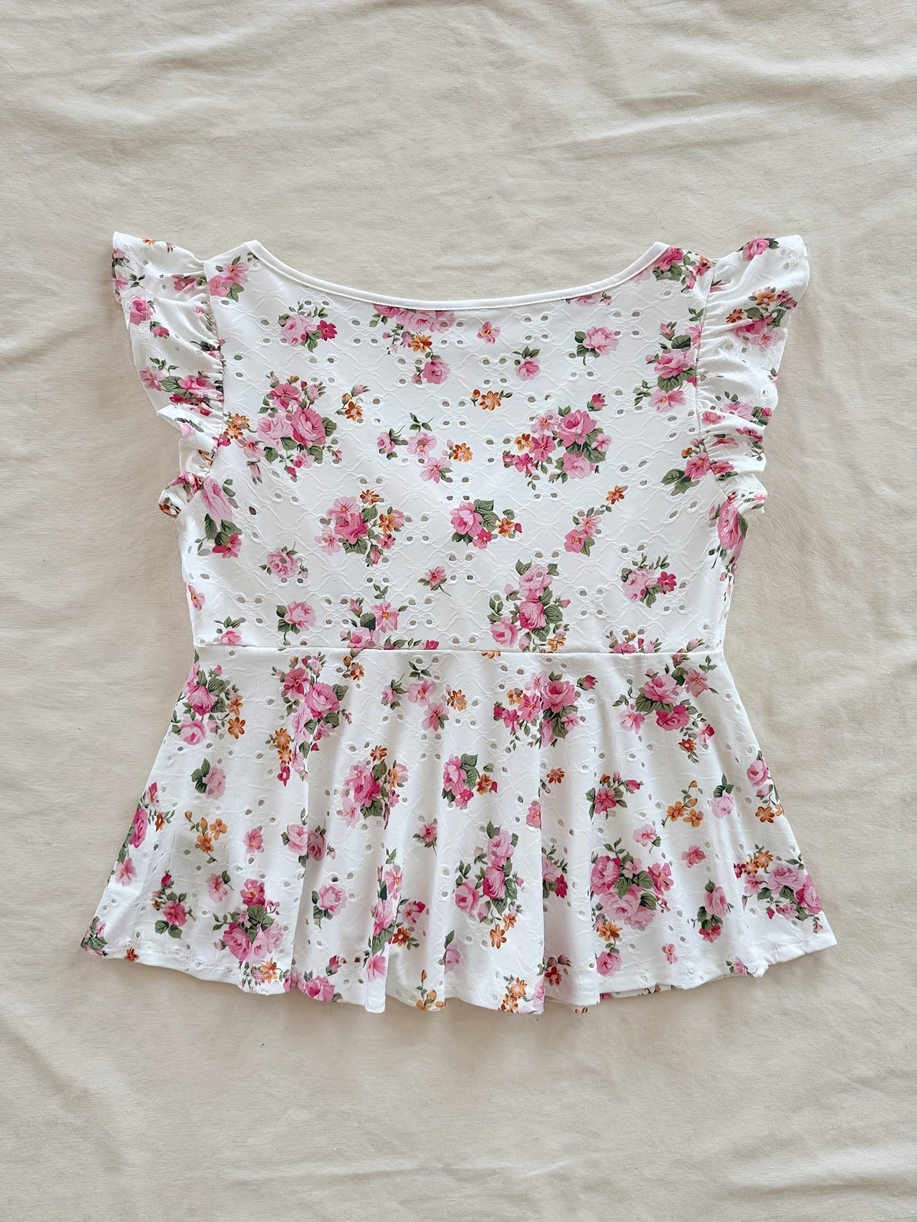 Dam Peplum Blus med Blommigt Mönster och Broderi – Romantisk Sommarstil för Vardag och Fest