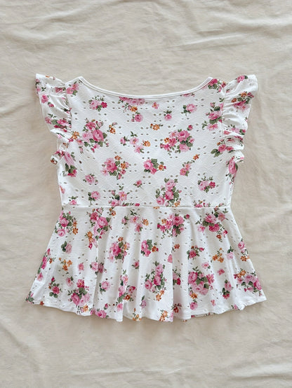 Dam Peplum Blus med Blommigt Mönster och Broderi – Romantisk Sommarstil för Vardag och Fest