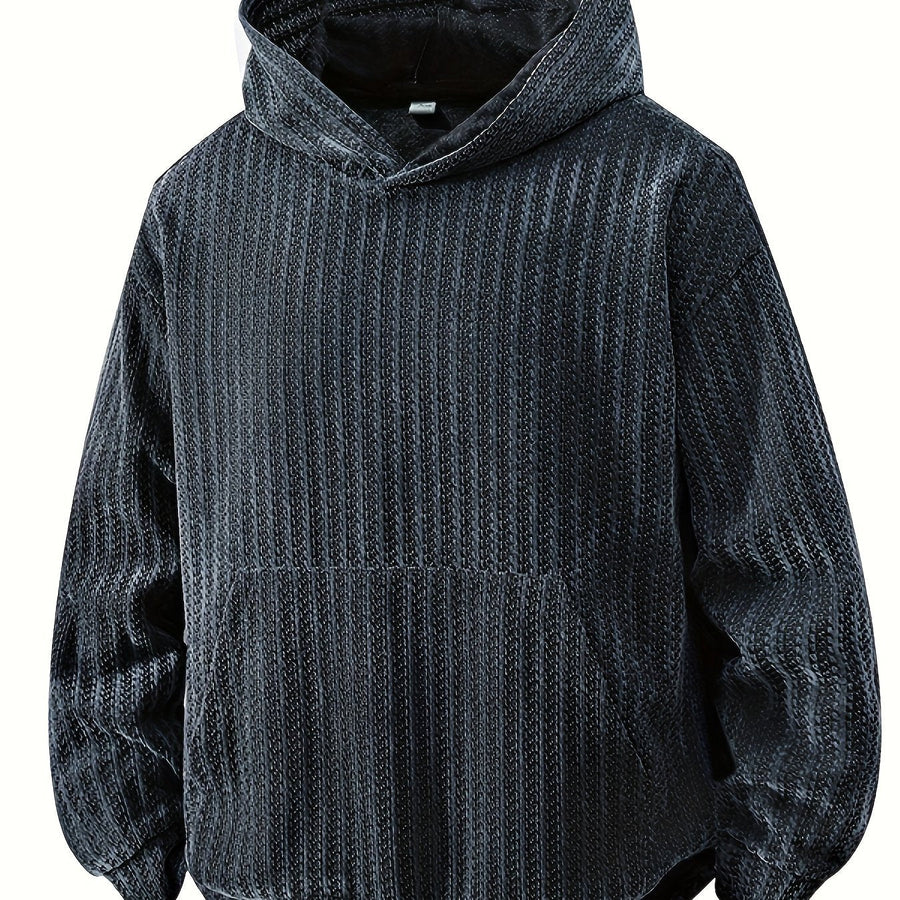 Hoodie med huva och känguruficka, ribbad textur