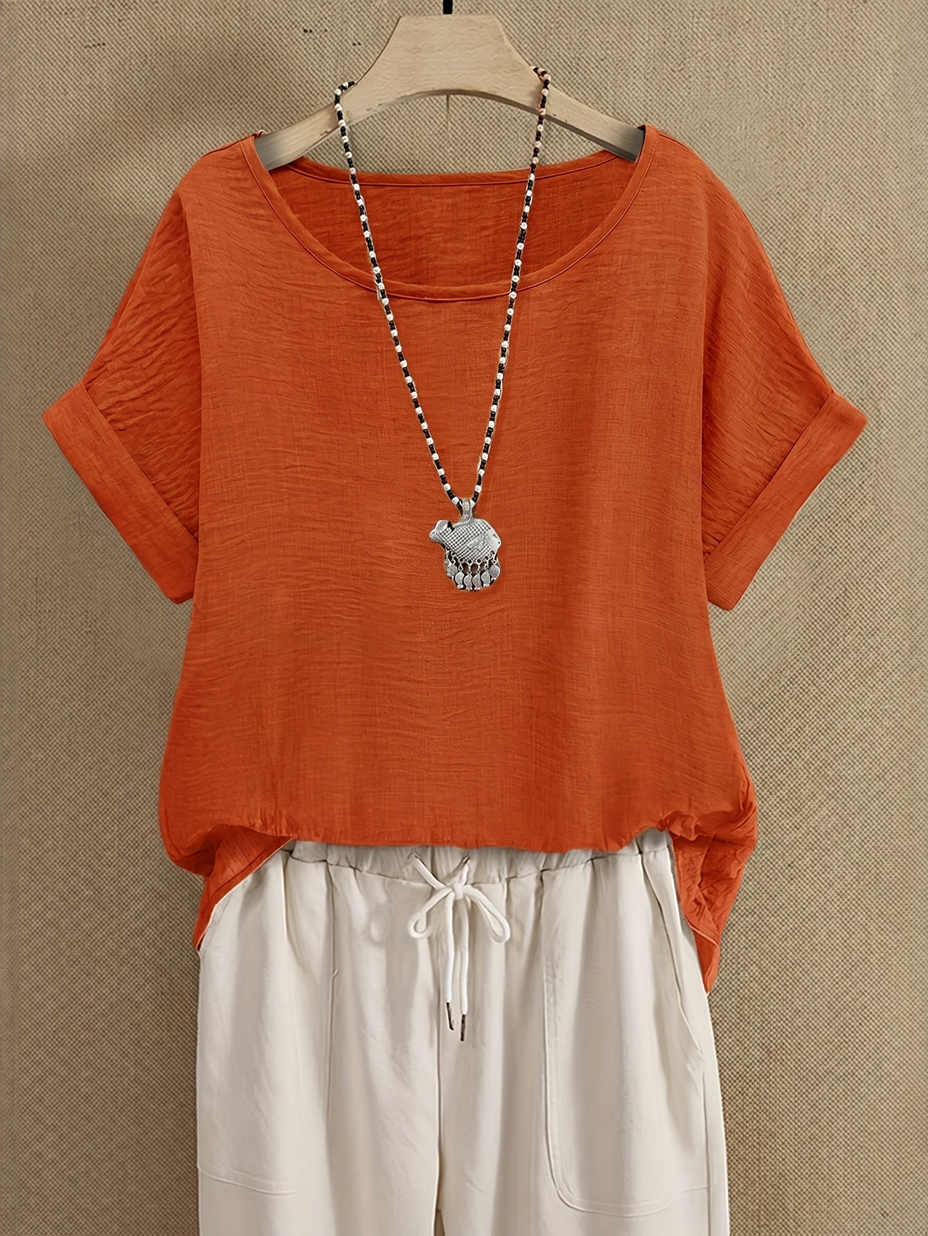 Dam Topp Avslappnad Kortärmad Blus med Lös Passform och Elegant Halsringning – Perfekt för Vardagsbruk och Semester