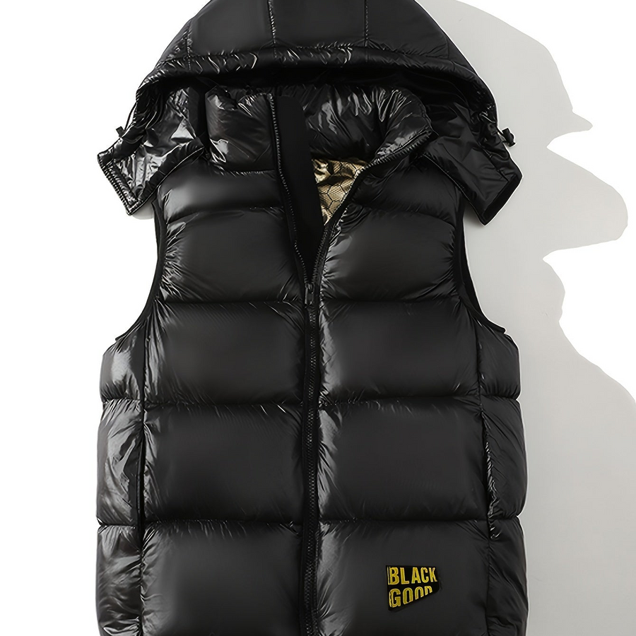 Unisex pufferväst med huva, blixtlås, brun
