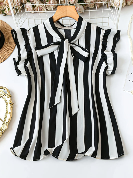 Dam Blus Elegant Randig Med Rosett Sommar Kontorsstil