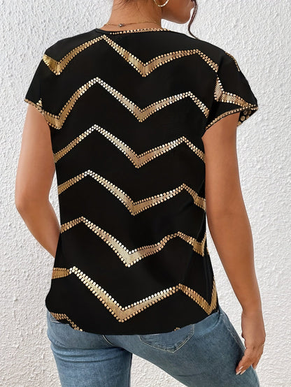 Dam Topp Elegant Geometriskt Mönster Kortärmad Blus för Vår och Sommar