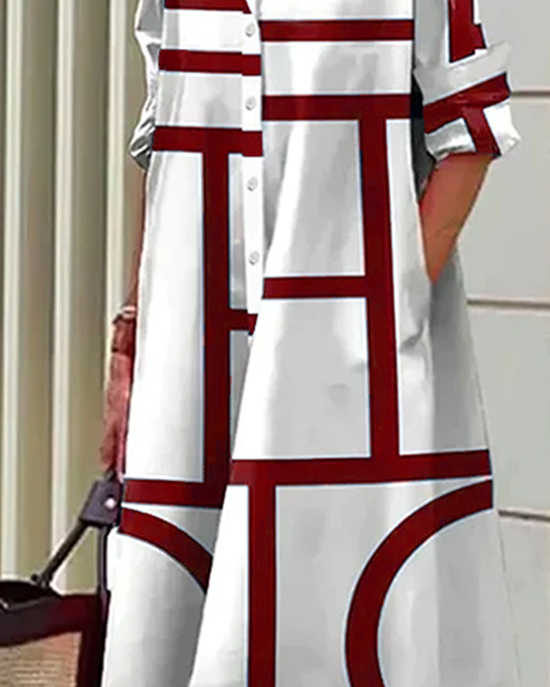 Dam Skjortklänning med Geometriskt Mönster och Fickor, Avslappnad och Elegant Vardagsstil