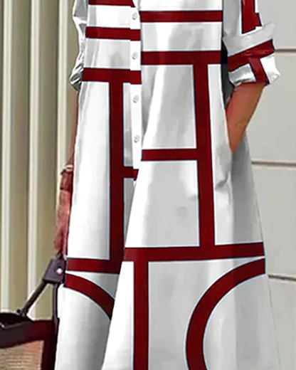 Dam Skjortklänning med Geometriskt Mönster och Fickor, Avslappnad och Elegant Vardagsstil