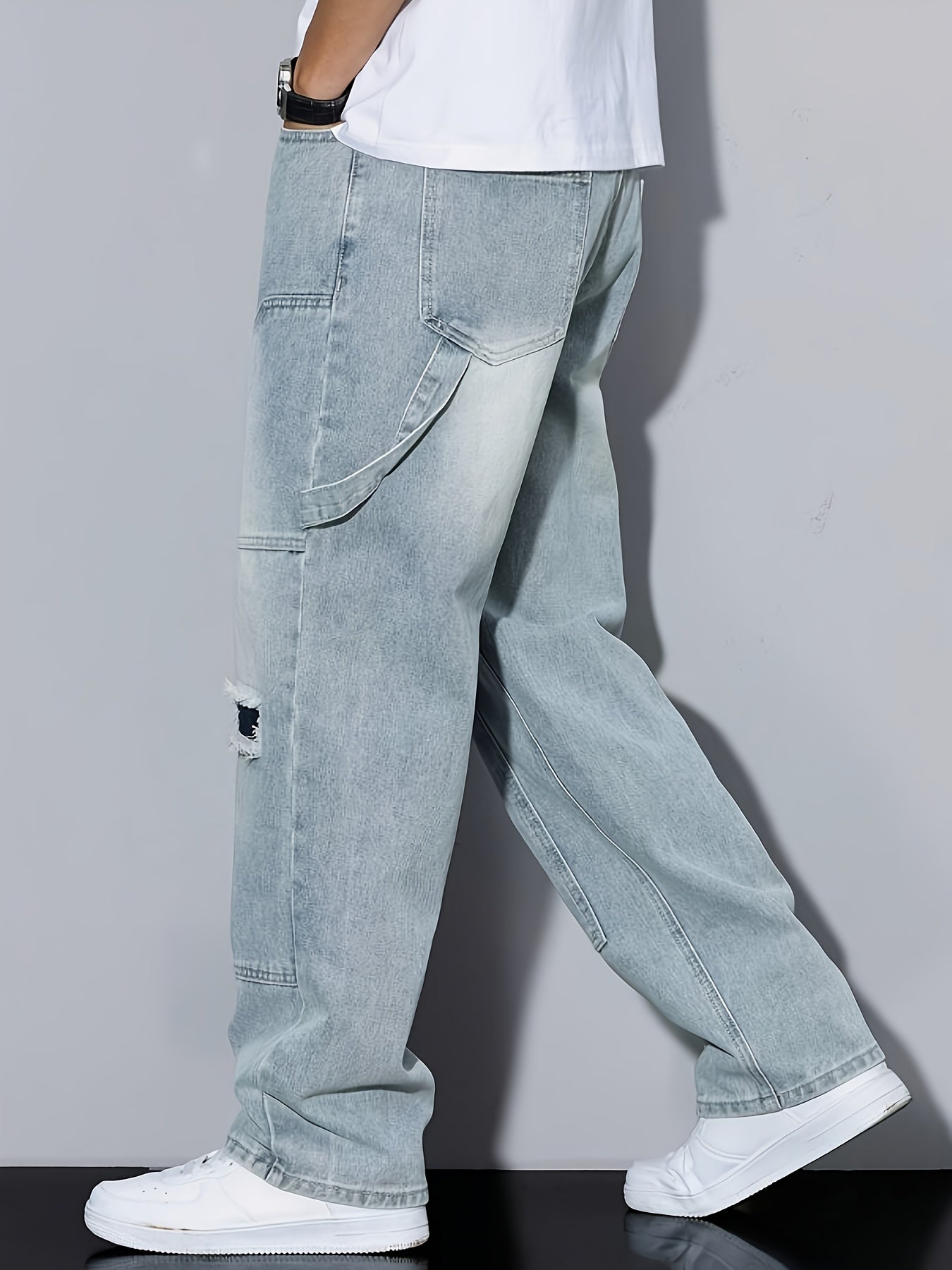 Herr Cargo Jeans Baggy Streetwear med Slitna Detaljer och Lösa Ben