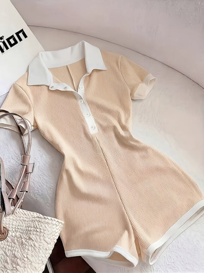 Dam Playsuit Kortärmad Sportig Sommar Romper med Krage och Knappdetalj