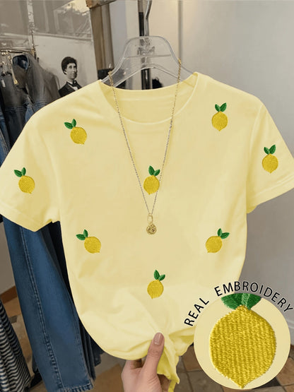 Dam T-shirt med citronbrodyr – Trendig casual stil för vardagsbruk