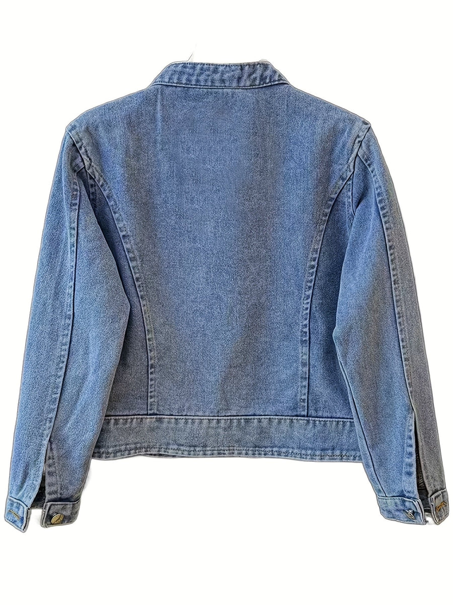 Jeansjacka med mandarin-krage och broderade fjärilar för dam