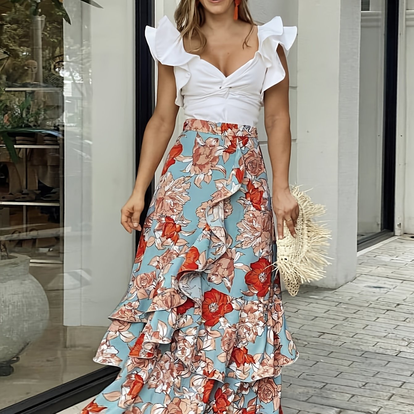 Dam Kjol Maxi Volangblommig Omlott Fest och Vardag Elegant Stil
