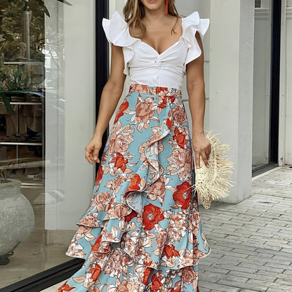 Dam Kjol Maxi Volangblommig Omlott Fest och Vardag Elegant Stil