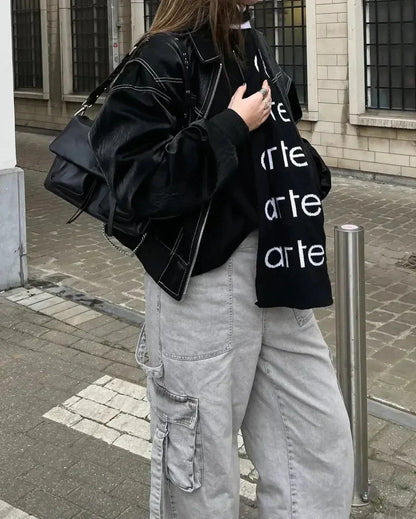 Damjacka – Oversized bomberjacka i PU-konstläder för streetwear och vardag
